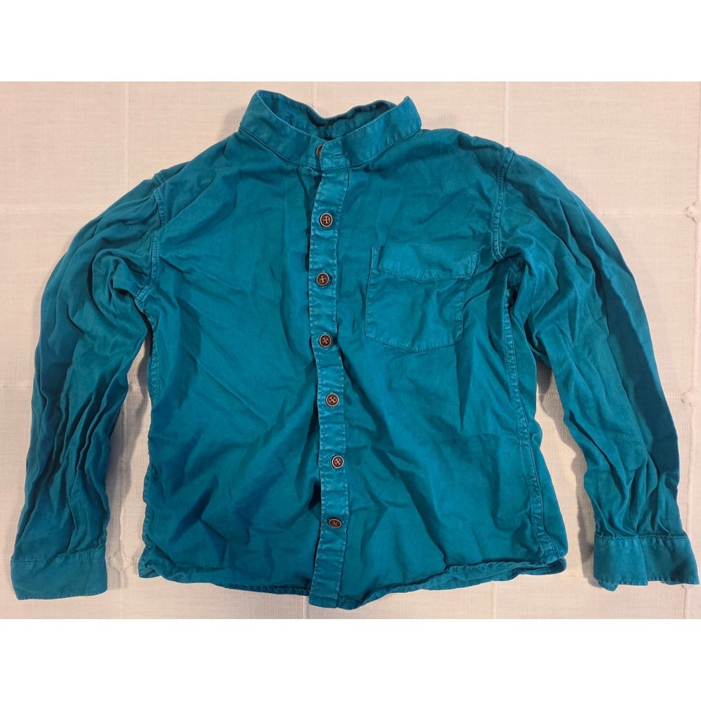 M&H Juniors Teal Blue Mandarin Collar Long Sleeve Button Down Shirt Size 10-11Y
